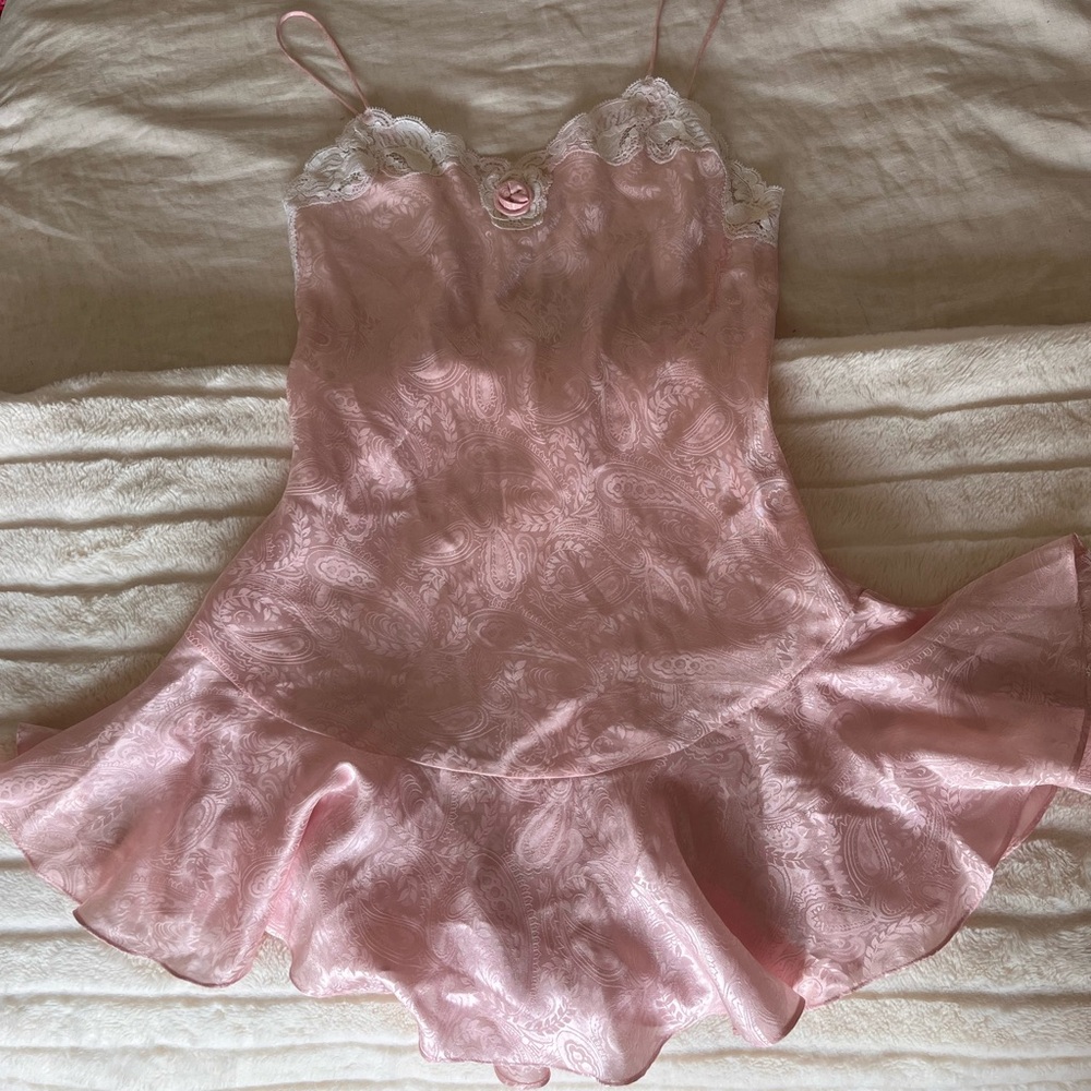 Cacique Pink Satin Lace-Trim Chemise with Ruffle Hem